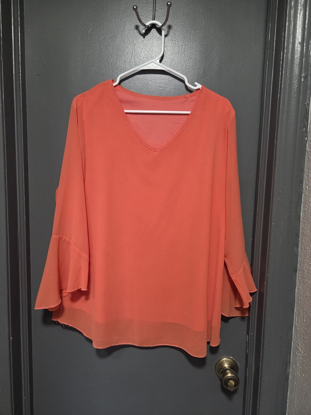 Womens Coral V-Neck Ruffle Sleeve Blouse